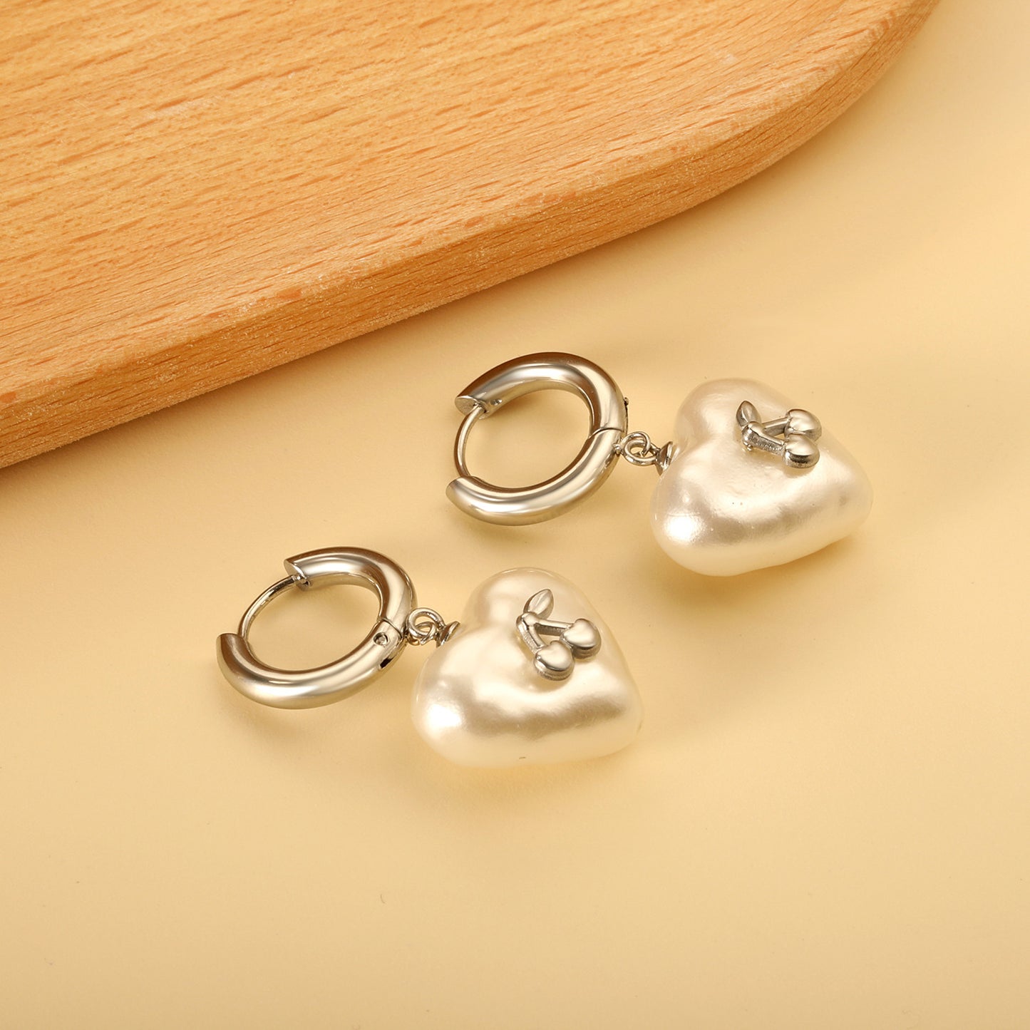 Versatile Personality Stainless Steel Circle Cherry Heart Pearl Earrings