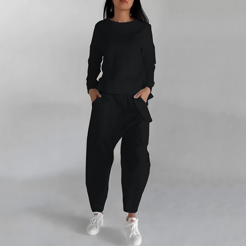 Einfarbige Mode Sweatshirt lange Ärmel Rücken Schlitz Top mit Taschen Lose Hose Damen bekleidung