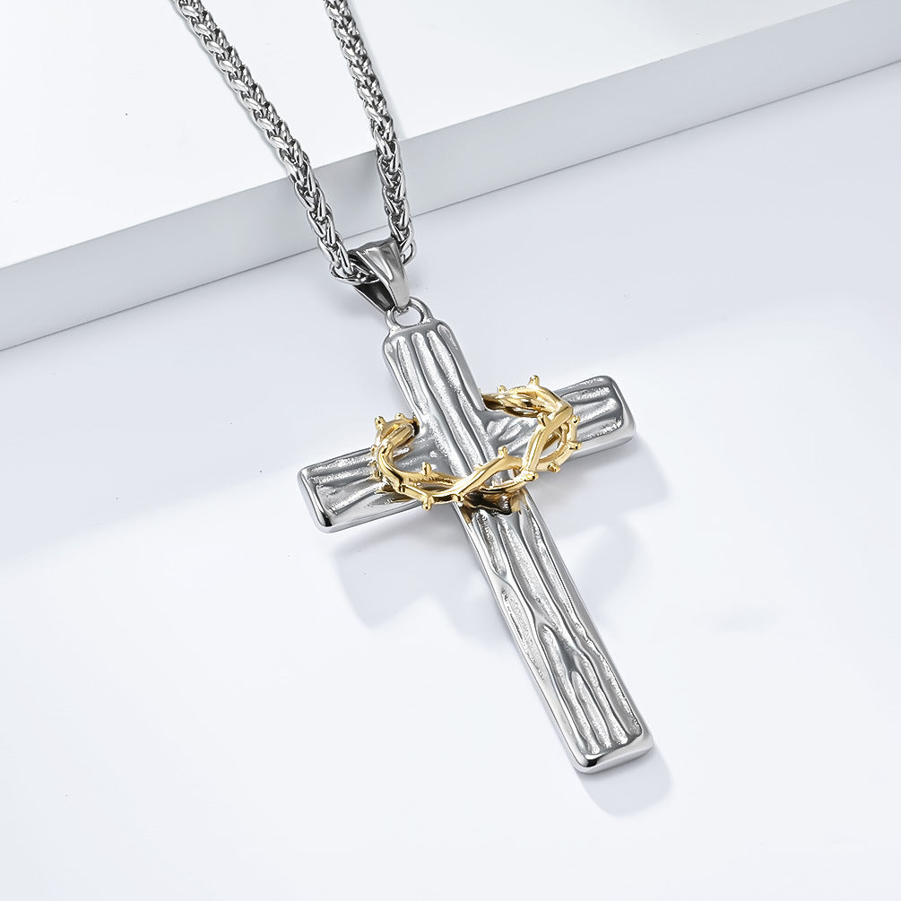 Vintage Garland Cross Two-piece Necklace Black Gold Wood Grain Stainless Steel Prayer Pendant Men's Jewelry