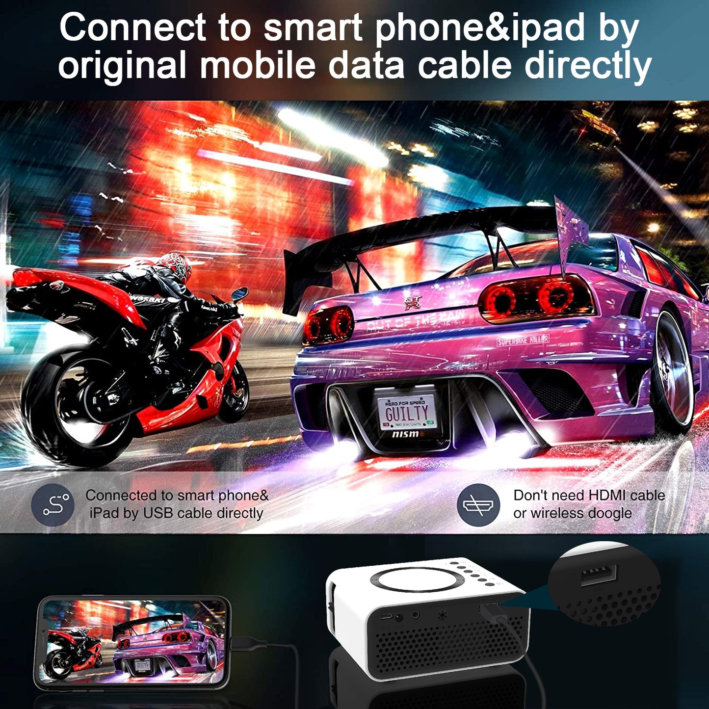 YT300 Mobile Video Projector Support 1080P Home Theater Media Player Wired Wireless Same Screen Android IOS Smartphone