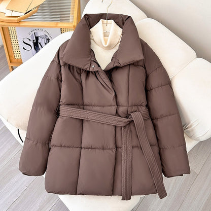 Warm Lapel Plaid Coat With Belt Design Fashion Casual Thick Jacket Fall And Winter Women's Clothing