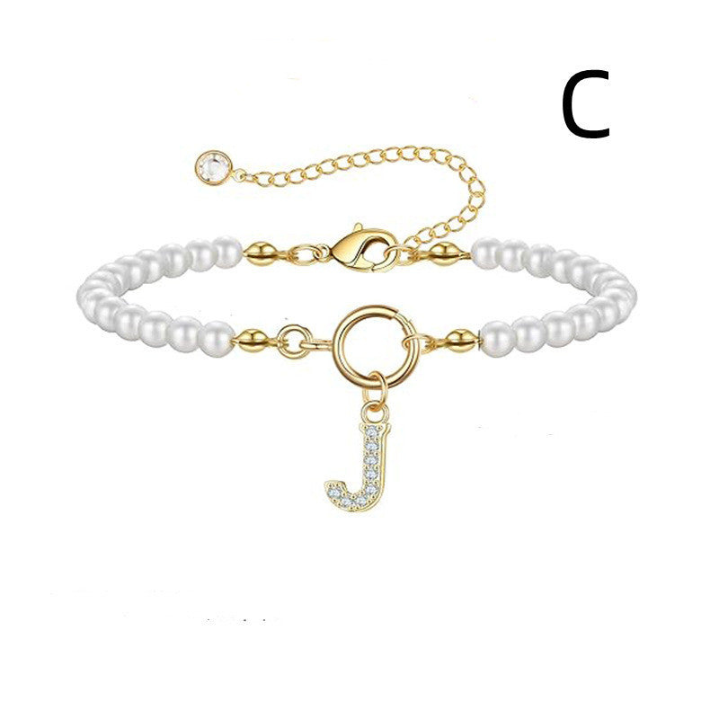 2024 New Fashion Toggle Clasp Initial Bracelet Women A-Z Letter Pendant 6mm Pearl Bracelet For Women Jewelry Gift - RazzX