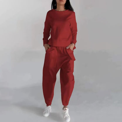 Einfarbige Mode Sweatshirt lange Ärmel Rücken Schlitz Top mit Taschen Lose Hose Damen bekleidung