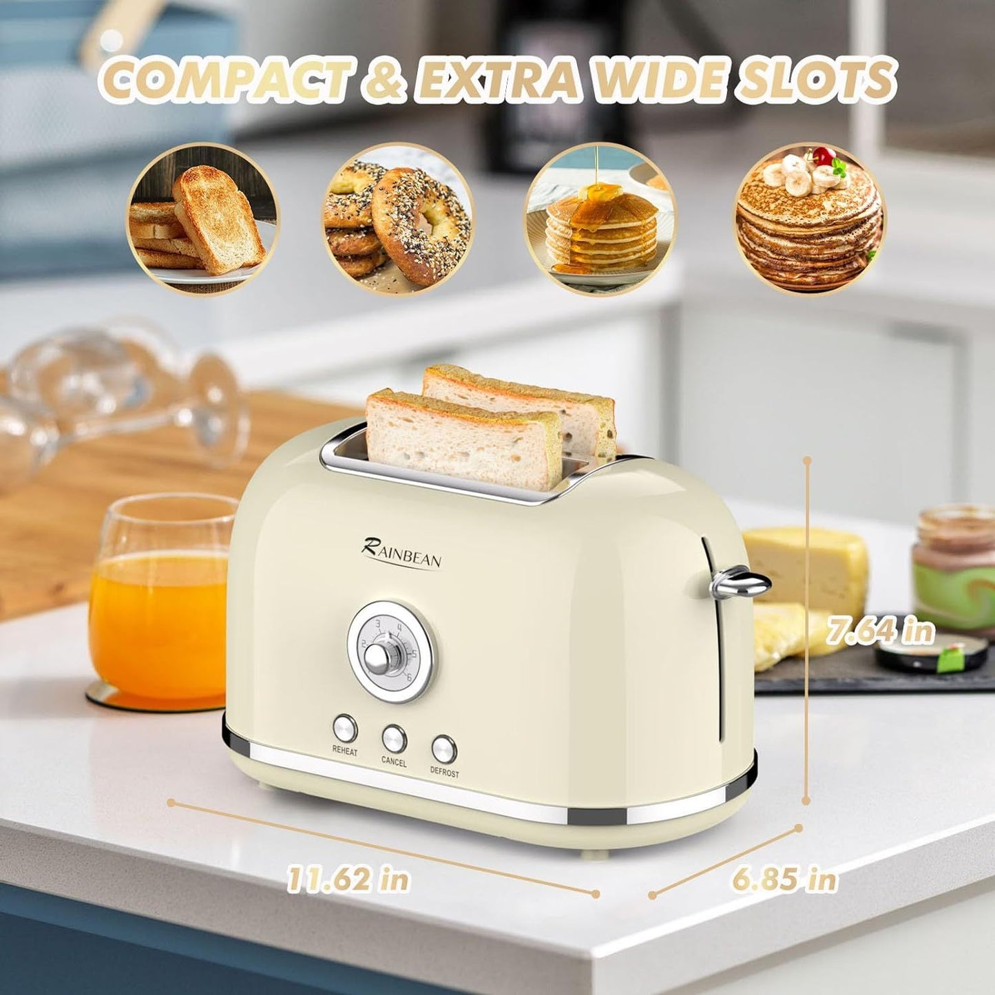 Toaster 2 Slice Retro Toaster Edelstahl mit 6 Brotschirm-Einstellungen und Bagel Cancel Aufwärm funktion, niedlicher Brot-Toaster mit extra breiten Slot und abnehmbarem Crumb Tablett