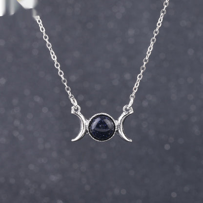 Vintage Crescent Lock Bone Moon Sun Pendant Silver Women's Natural Stone Necklace