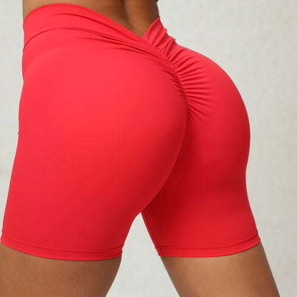 Zurück Taille Tiefe V-förmige Falten enge Yoga Shorts